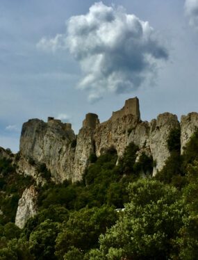 Bezienswaardigheden in de Pyreneeën: uitzicht vanaf de D19 op Château de Peyrepertuse