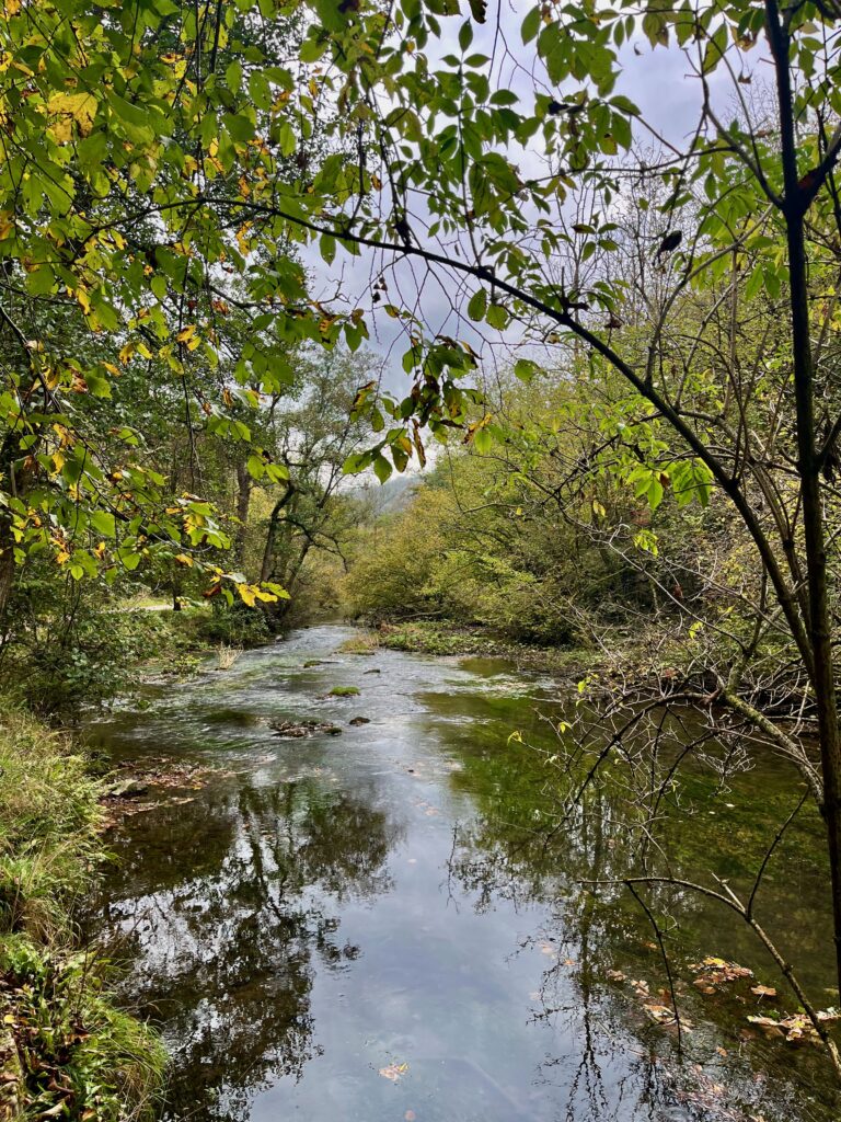 Wandelen door Dovedale: Het pad langs de e River Dove dat er soms doorheen gaat
